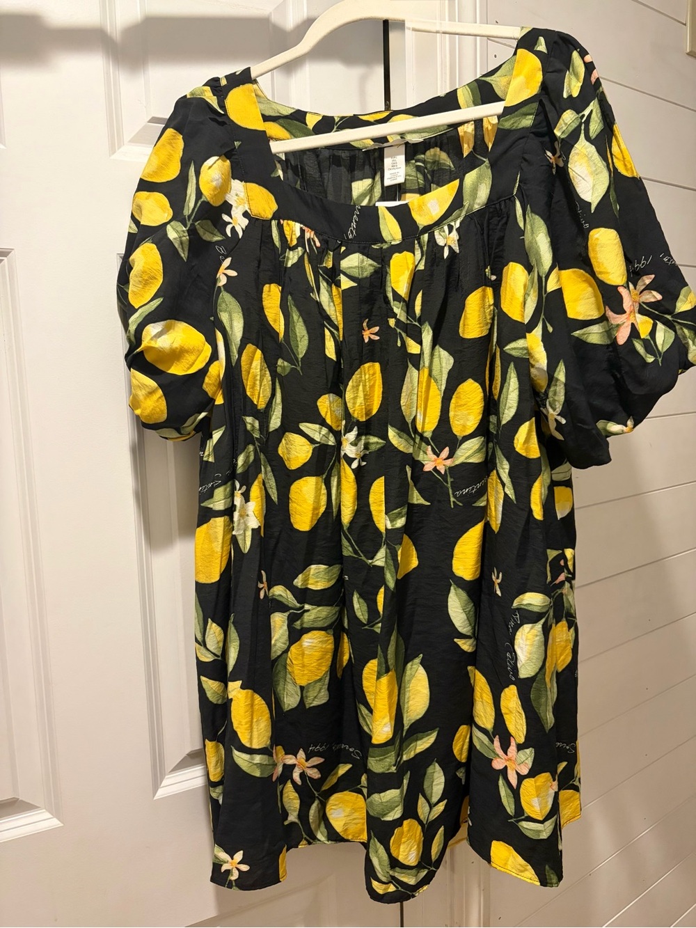 H&M Black Tunic Dress with Yellow Lemon Print Runs large